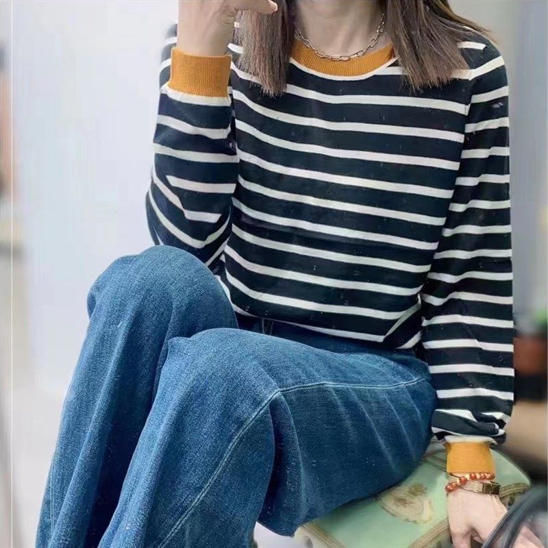 圣仕莲7010  显瘦撞色圆领条纹针织衫细羊毛女套头上衣打底毛衫T