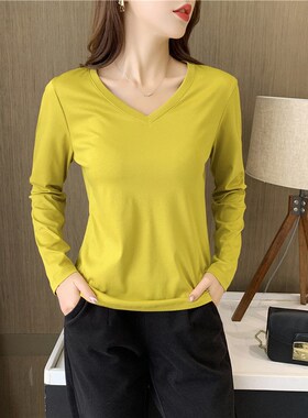 80支双面丝光棉白色长袖女t恤V领秋季修身显瘦百搭打底衫内搭上衣