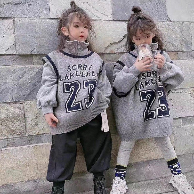 女童两件套针织马甲高领冬季加绒卫衣中长款毛衣背心儿童男童套装
