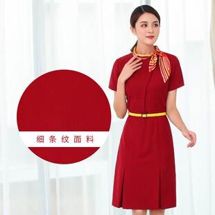 海航红色细条纹连衣裙美容院房产销售楼部团队职业装工作制服短袖