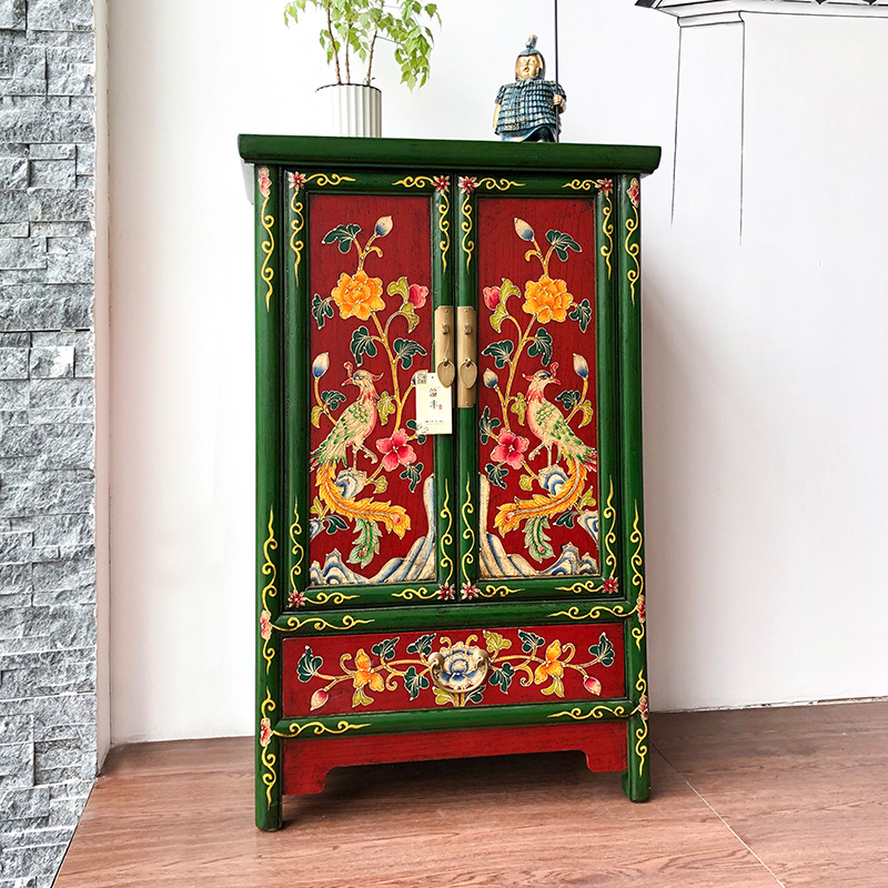 新中式古典家具实木描彩绘床头柜手绘玄关柜复古做旧边柜储物小柜
