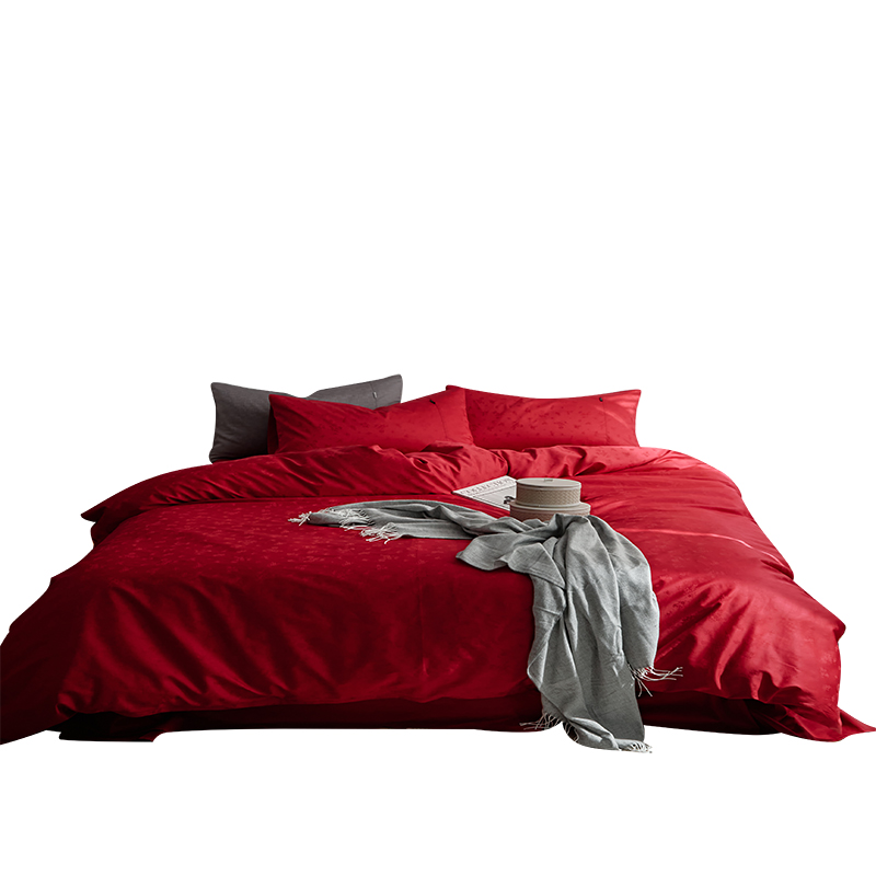 新囍 婚庆纯棉四件式100支长绒棉贡缎提花红床品伴手礼大红色被套