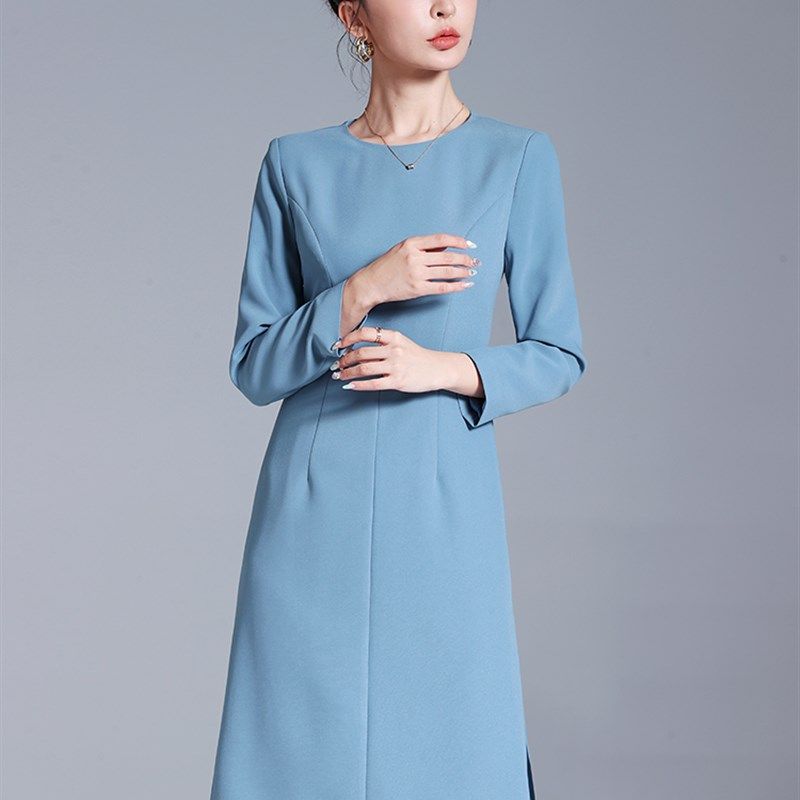 蓝色圆领连衣裙女士长袖春秋季中长职业装典雅典雅修身工作服短裙