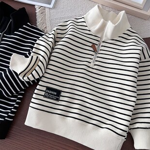 男童纯棉半高领拉炼卫衣秋冬中大童立领套头衫条纹针织上衣打底衫
