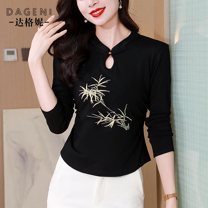 新中式国风旗袍领复古小衫秋装新款收腰显瘦短款小个子长袖上衣女