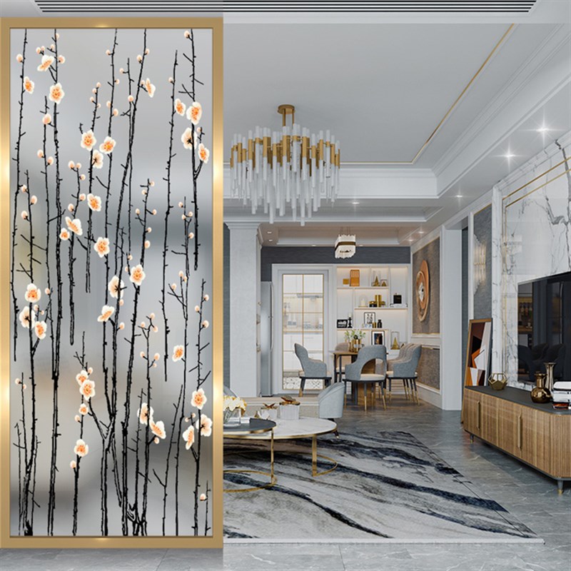 定制雕刻艺术玻璃屏风客厅背景磨砂透光入户玄关夹丝山水画隔断