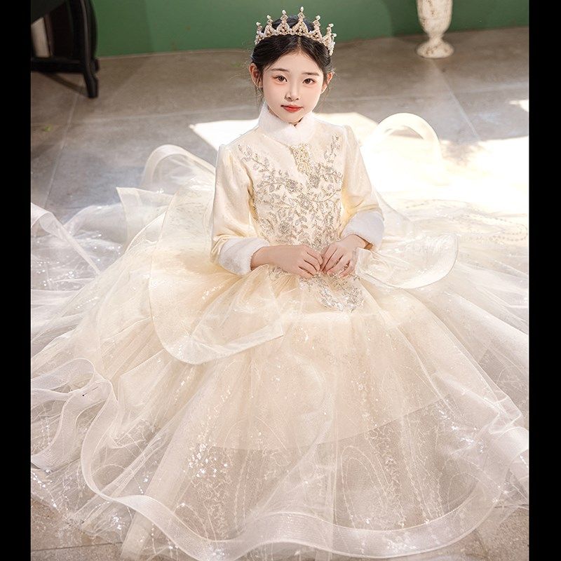 高端儿童晚礼服冬款加厚花童女童生日公主裙小主持人钢琴演出冬季