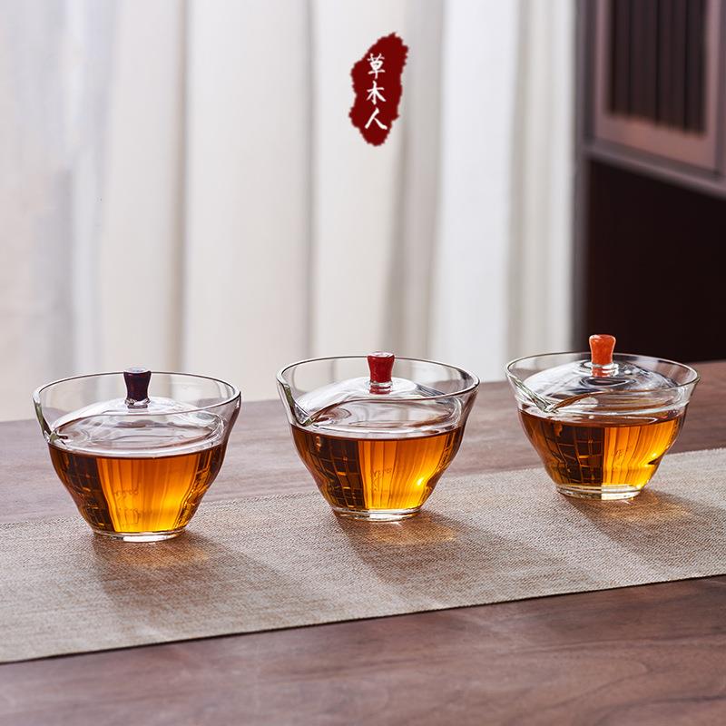 新羽日式盖碗彩色盖纽三才茶杯耐热玻璃加厚泡茶碗手工手抓壶茶具