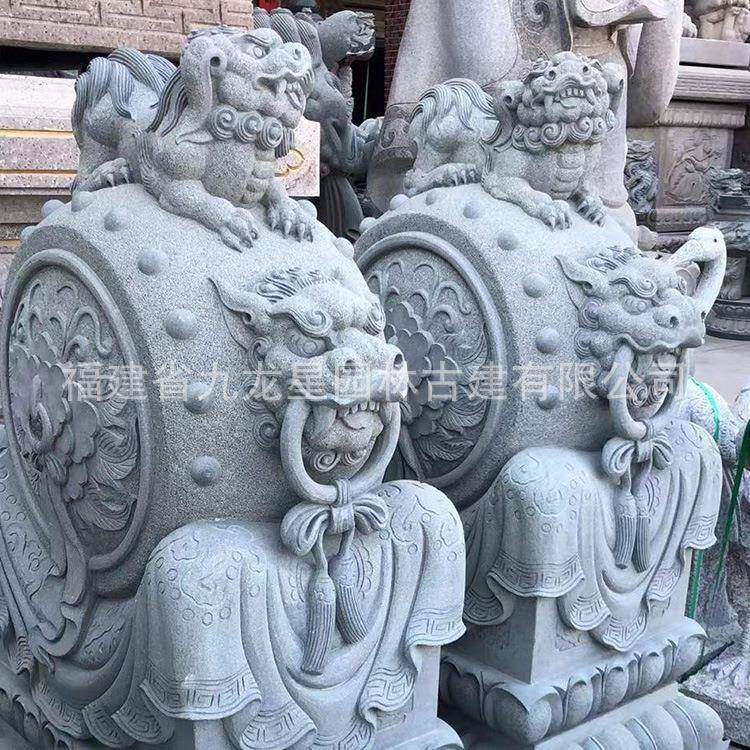 石雕门墩石狮子大象抱鼓石摆件青石做旧芝麻白石材貔貅抱鼓石方形
