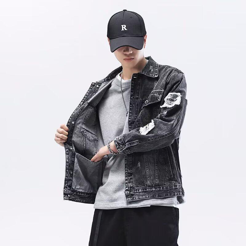 春秋季复破洞服牛仔古外套韩版潮流帅气衣生字母印花工装FPR夹学