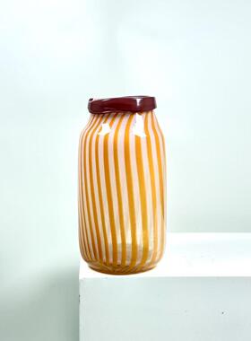 北欧温柔1香色绿色条纹in芋s璃风高级手工琉花玻璃瓶客厅玄关插花