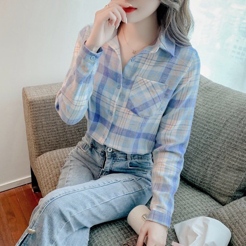 蓝色格子衬衫女长袖春秋季2025年新款纯棉磨毛英伦风休闲全棉衬衣