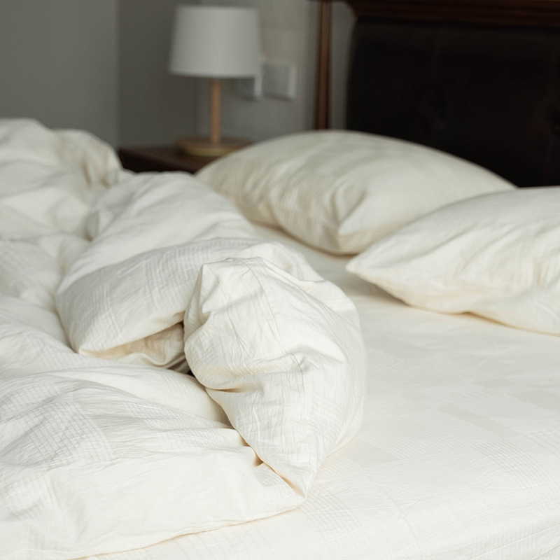 日式简约不染色纯棉床笠四件套自然色全棉纯白色被套床单床上用品