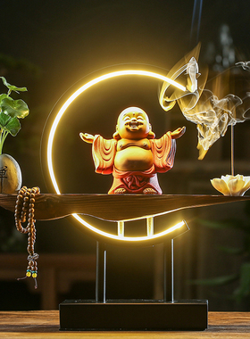 招财弥勒佛摆件陶瓷笑佛创意带灯光新中式禅意客厅玄关办公室书桌