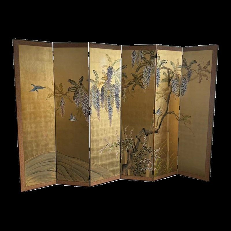 新中式手绘紫藤花金箔银箔漆画屏风茶室隔断客厅玄关折屏屏风定制