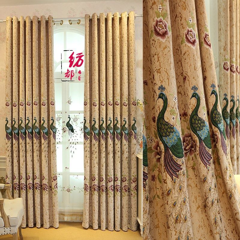 定制欧式厚雪尼尔绣花窗帘成品孔雀客厅卧室阳台飘窗落地布纱新款