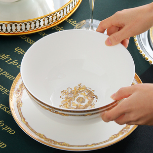 家用骨瓷大容量汤面碗盆 8英寸欧式金边餐具沙拉碗炖菜碗大号海碗