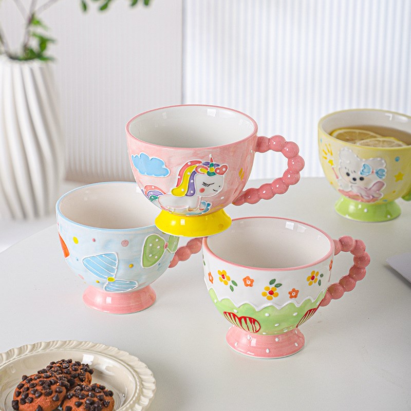 陶瓷浮雕早餐杯马克杯家用主人孩子情侣水杯大容量燕麦杯甜品杯子