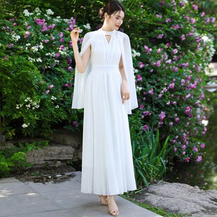 复古圆领白色披肩气质大摆裙雪纺长裙子长款海边度假裙连衣裙仙气
