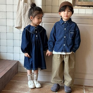 女童牛仔连衣裙兄妹秋装儿童洋气2024新款春秋季宝宝男童衬衫外套