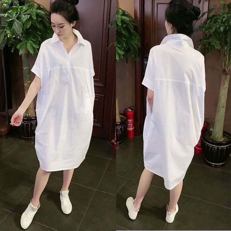 白色衬衫女韩国东大门夏季宽松bf风大版棉中长款大码短袖衬衣女夏