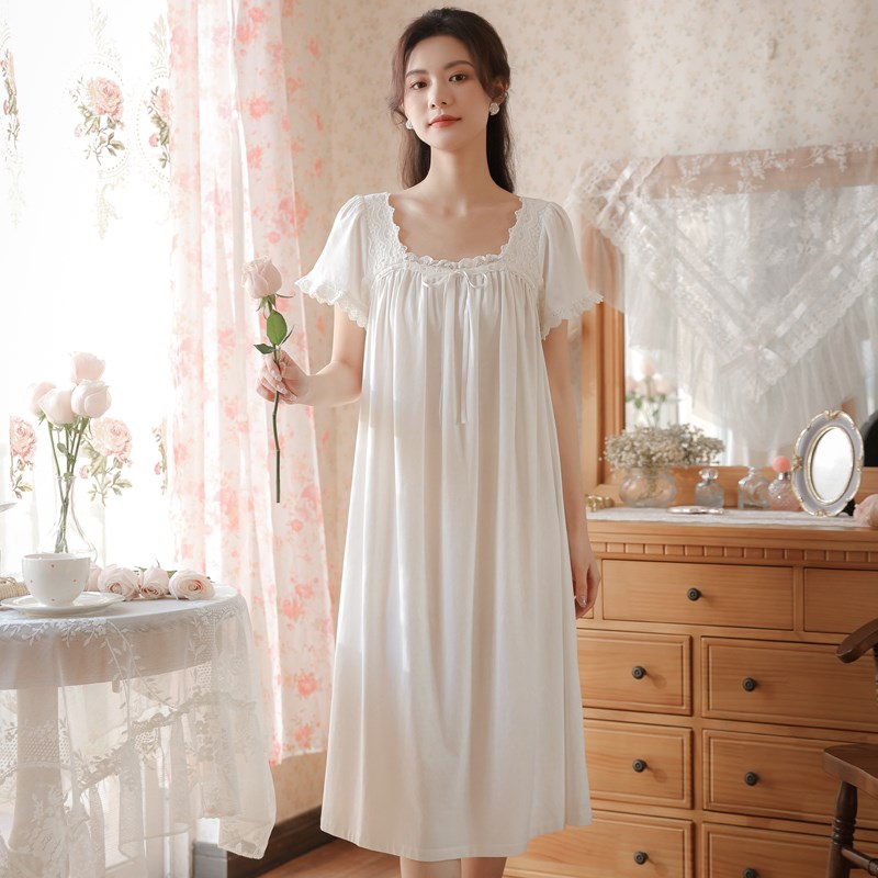 女士法式宫廷风白色睡裙女夏季短袖纯棉汉服睡衣性感女款睡袍长款