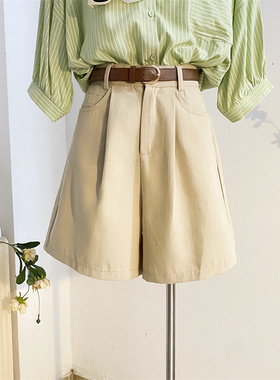 卡其色工装短裤女夏宽松高腰A字阔腿裤显瘦休闲五分裤配腰带中裤