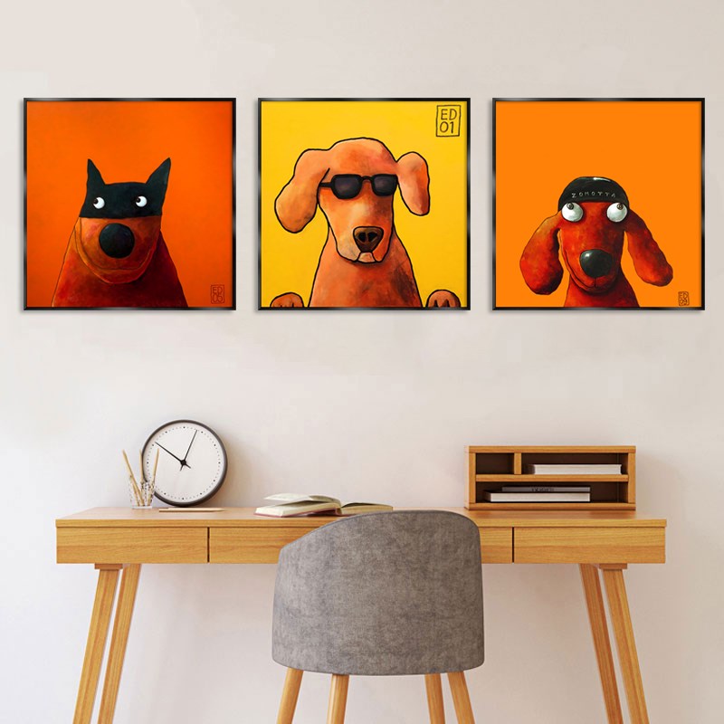 宠物店墙面趣味挂画背景床头卡通背景可爱狗狗猫咪动漫插画装饰画