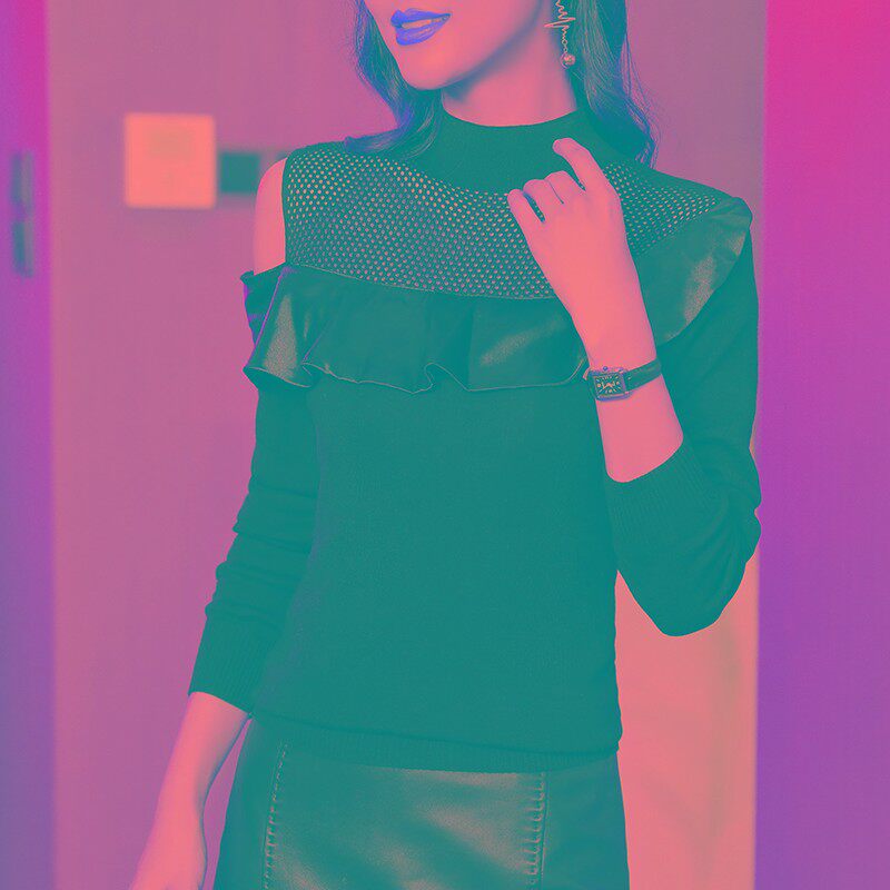 半高领打底衫女2021冬新款镂空露肩针织衫荷叶边拼接内搭保暖毛衣