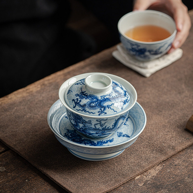 景德镇青花瓷龙纹三才盖碗茶杯三件套单个高档功夫茶具带盖泡茶碗图片