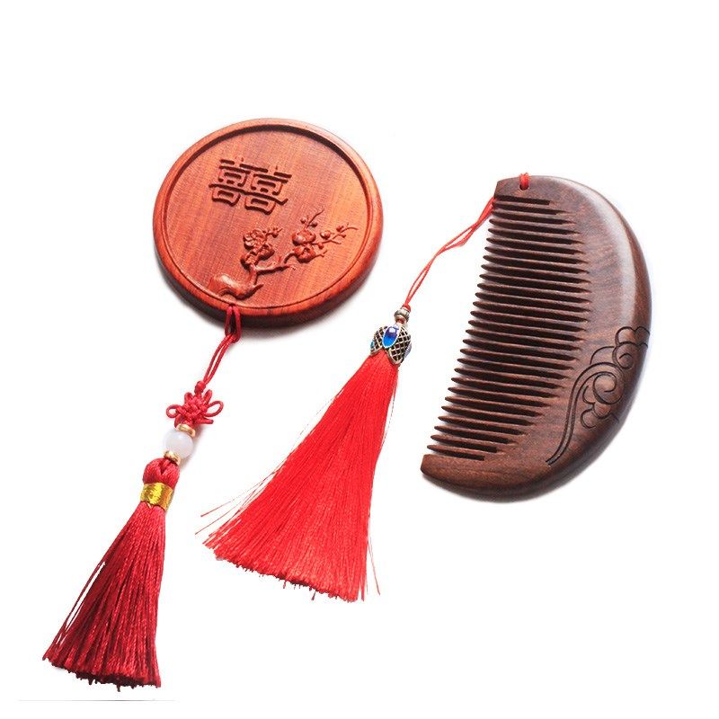 镜梳套装梳子女陪嫁妆金丝檀刻字婚庆木梳一对礼物结婚梳对梳按摩