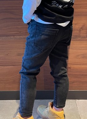 童装男童黑灰色牛仔小脚修身裤子2023春秋铅笔裤弹力宝宝儿童长裤