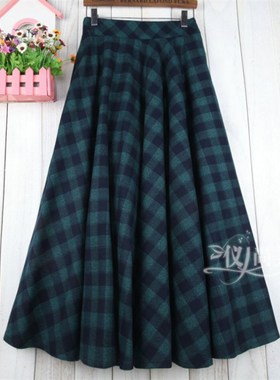 春秋毛呢子大摆长裙女装格子半身裙中长款显瘦松紧高腰a字半裙子