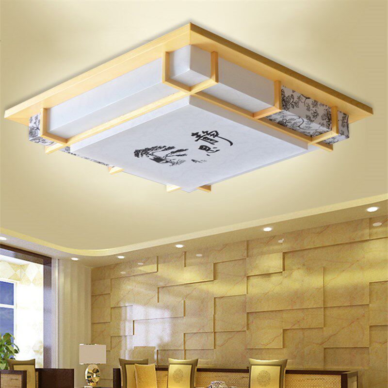 LED吸顶灯实木日式榻榻米中式原木色正方形卧室客厅书房仿古灯具