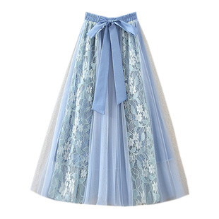 网纱半身裙蕾丝a字裙女秋冬中长款裙子甜美系带大摆蓬蓬仙女纱裙
