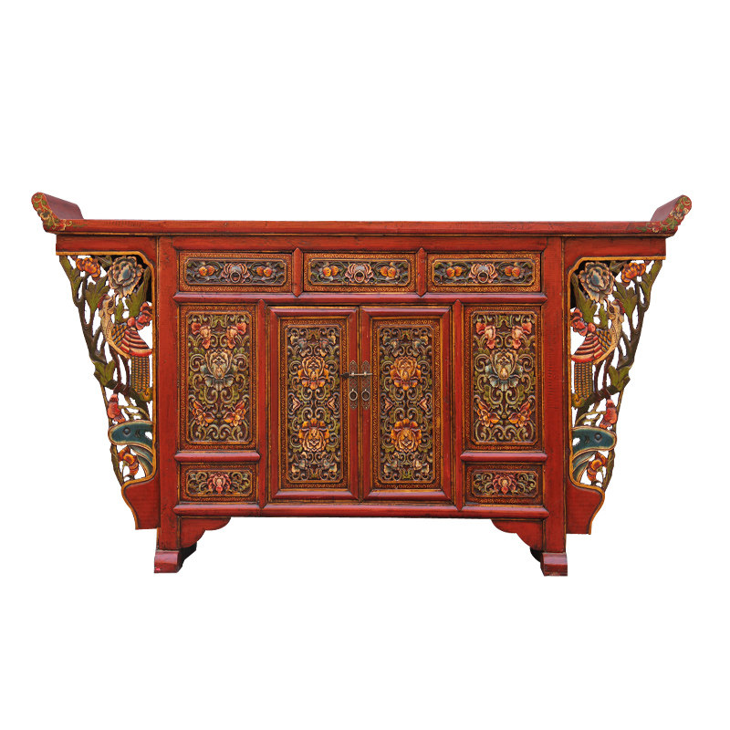 条案藏式新中式古典彩绘雕花做旧隔断柜  翘头供桌玄关柜极美家具