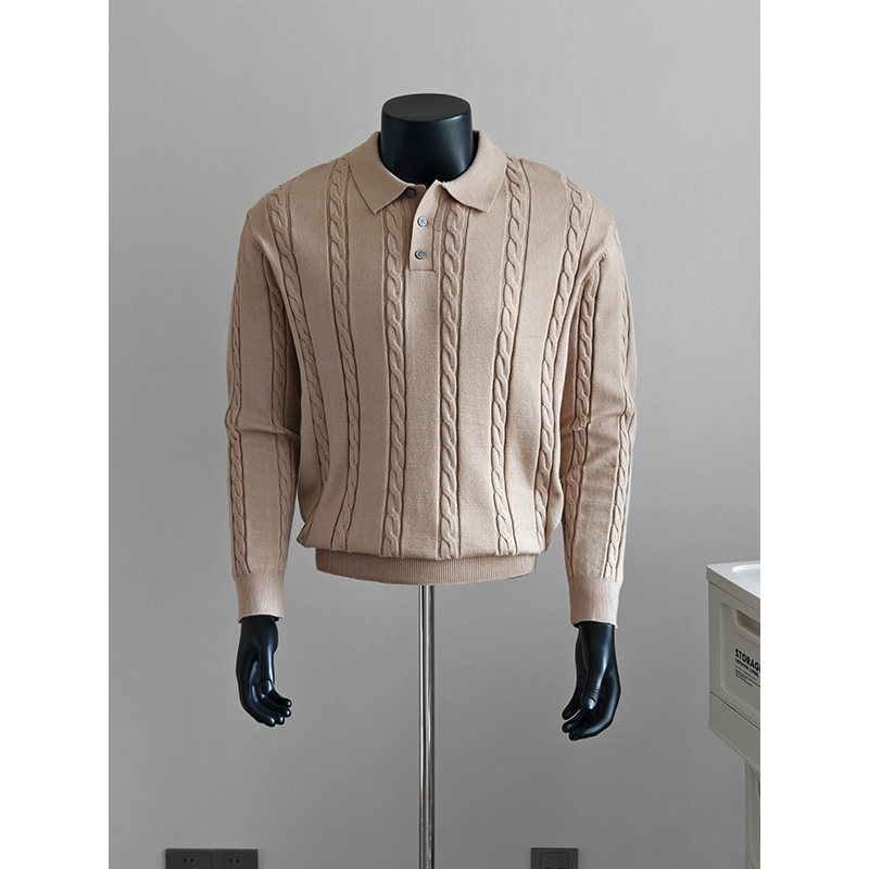 秋季麻花翻领套头毛衣男士潮牌复古高级感老钱风针织Polo衫上衣服