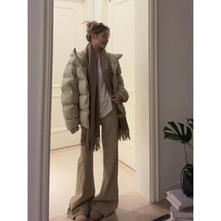 高个子加长版卡其色不贴腿微喇叭牛仔裤女秋冬加绒低腰阔腿拖地裤