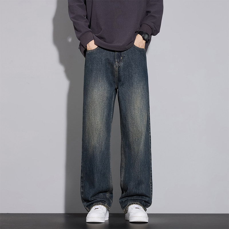 阔腿牛仔裤男士秋季美式潮牌宽松直筒窄版加绒长裤子2025秋冬新款