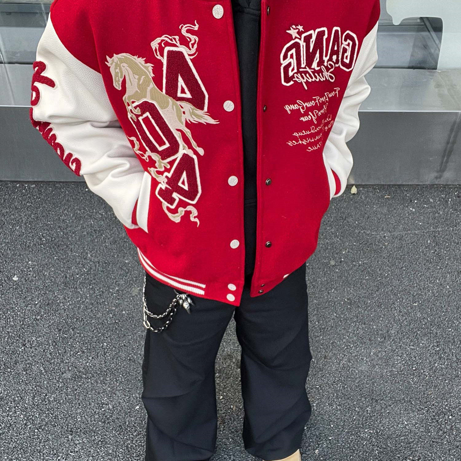 美式潮牌红色新年马年刺绣棒球服男款秋冬夹棉宽松情侣装夹克外套