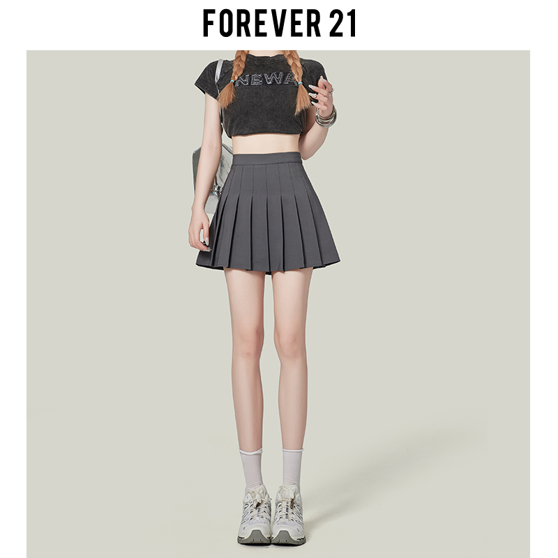 Forever21伯克利灰色百褶半身裙女夏季A字学院高腰JK裙显瘦短裙子