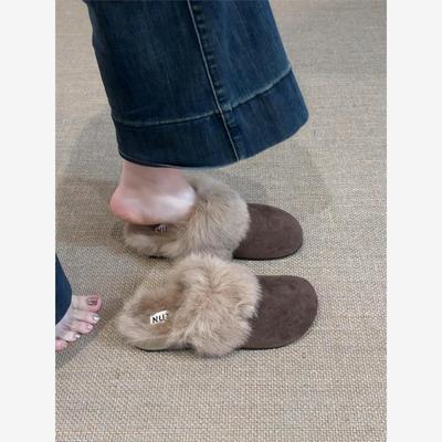 法式平底包头拖鞋女外穿冬季复古加绒保暖勃肯毛毛鞋厚底雪地棉靴