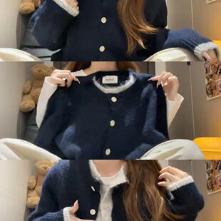 韩系撞色假两件针织毛衣外套女秋冬内搭可外穿慵懒风加厚开衫上衣