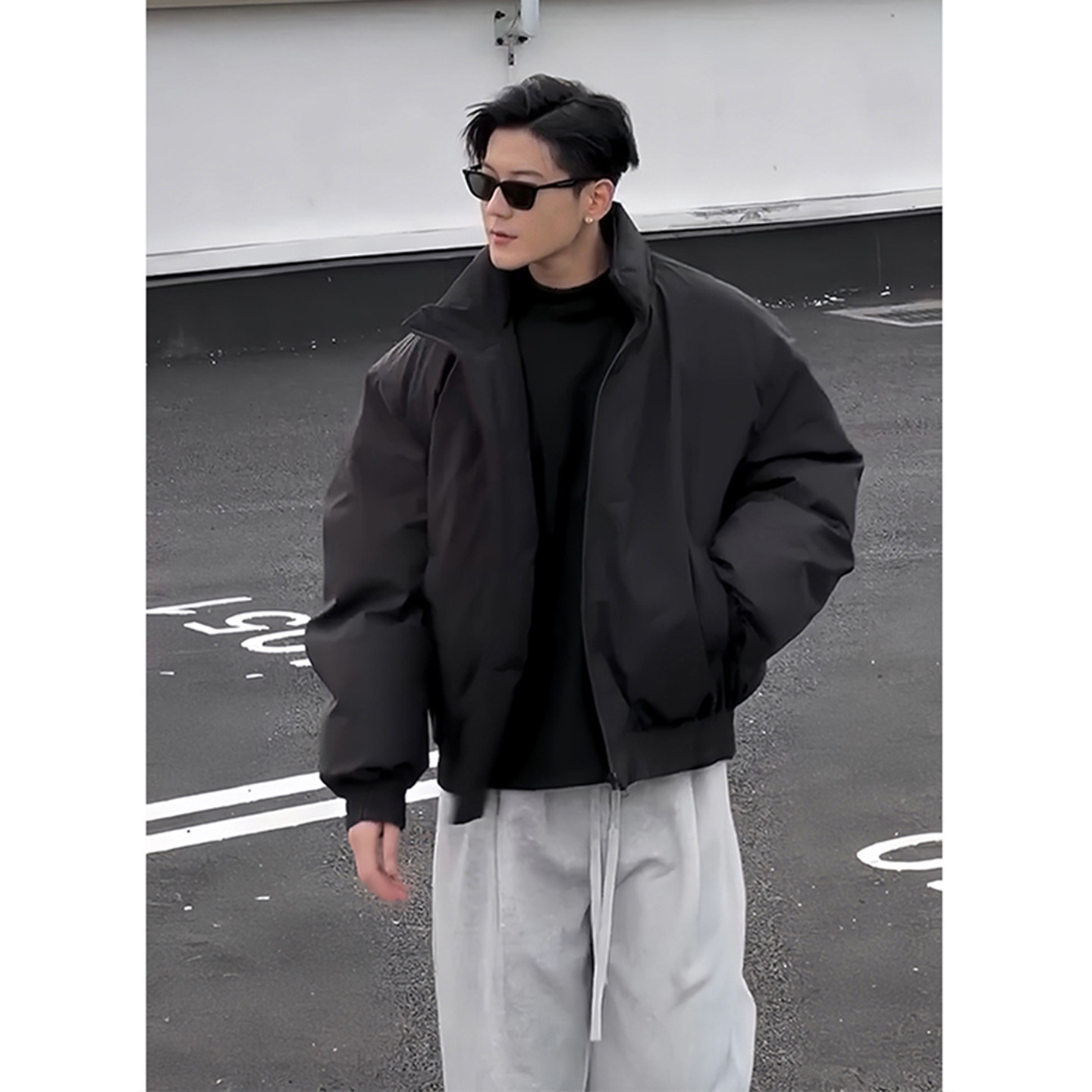 黑色短款夹克羽绒棉服套装立领高级感工装外套男款冬季搭配一整套