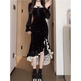 松本美人鱼长裙女春秋显瘦亮闪开叉鱼尾摆不规则丝绒连衣裙丧丧