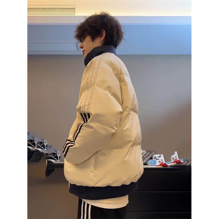 三条杠白色羽绒棉服男款冬季加厚情侣棉衣外套防寒美式立领面包服