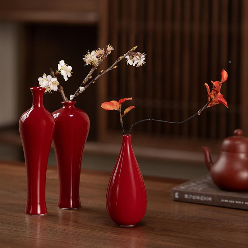 饰红釉彷古陶瓷小花瓶景德镇古典花手NKG工古中式插器花摆件博架