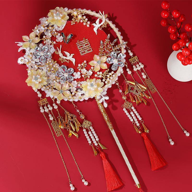 扇新款中式新娘ts41手捧结婚古风柄长团扇汉婚礼服头饰成品扇DIY