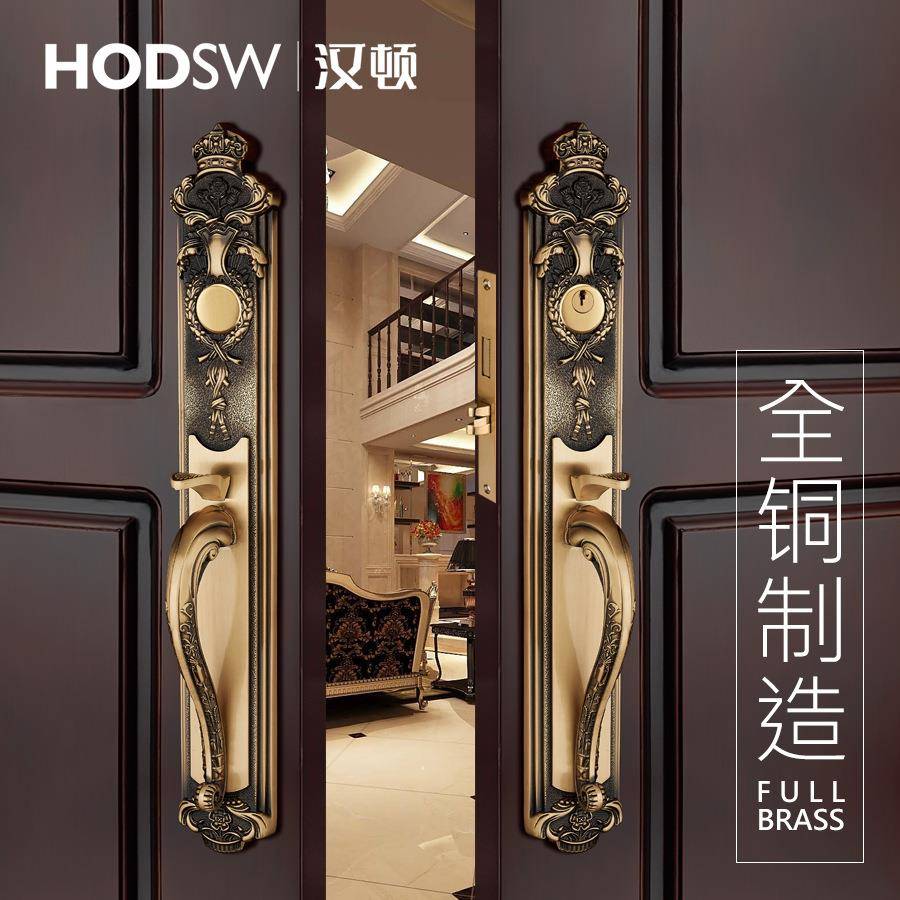 欧黄铜别墅B003开大门门锁黄铜双开门锁入户会议室对对开式门美式