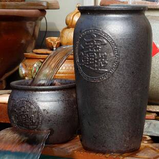 生态古法鱼缸复古循环水养鱼过滤器摆件鱼池流水陶罐瀑布全套造景